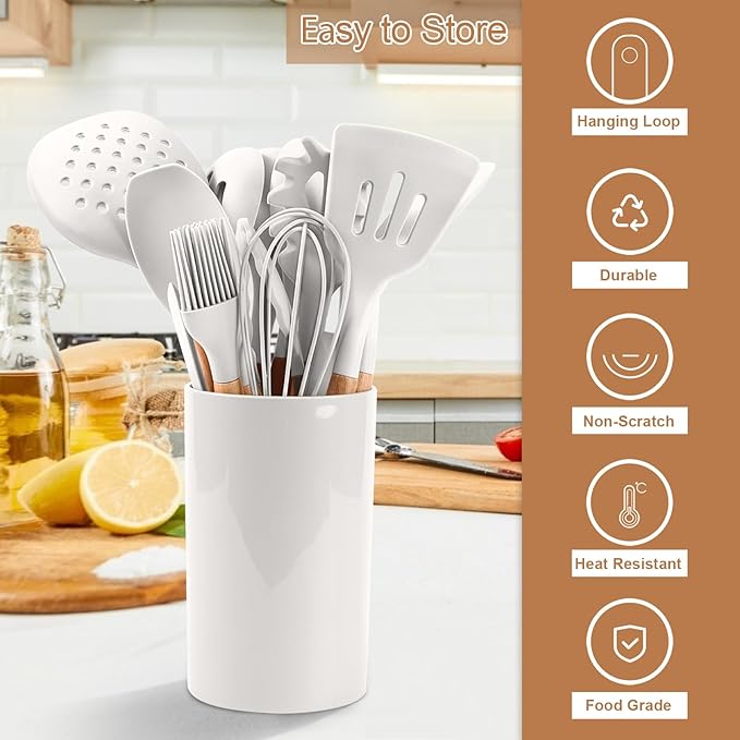 E-far Kitchen Utensils Set of 12, Silicone Cooking Utensils with Holder, Non-stick Cookware Friendly & Heat Resistant, Includes Spatula Tong Whisk Ladle Brush Slotted Turner Spoon (White)