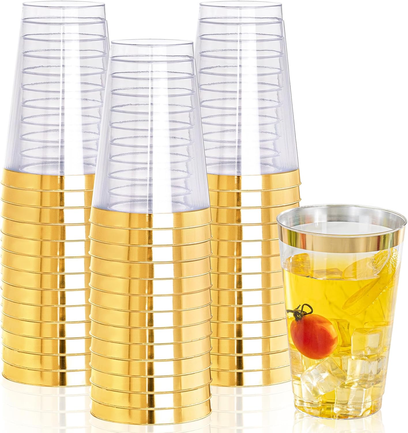 I00000 50 Pack 18 oz Gold Plastic Cups, Elegant Gold Rimmed Plastic Cups, Disposable Cocktail Glasses Wine Glasses, 18 oz Premium Tumblers Perfect for Birthday, Party & Wedding