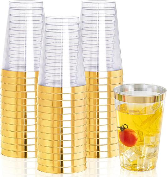 I00000 50 Pack 18 oz Gold Plastic Cups, Elegant Gold Rimmed Plastic Cups, Disposable Cocktail Glasses Wine Glasses, 18 oz Premium Tumblers Perfect for Birthday, Party & Wedding