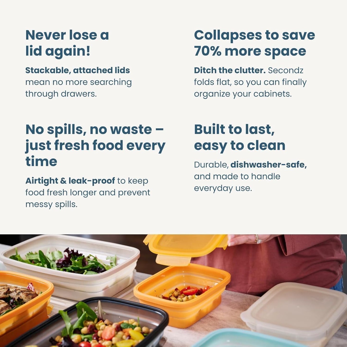 Drip EZ Secondz Collapsible Food Storage Containers – Set of 4, Space-Saving Airtight Meal Prep & Leftover Containers – Microwave, Freezer & Dishwasher Safe, BPA-Free, Locking Lids – Ice Blue