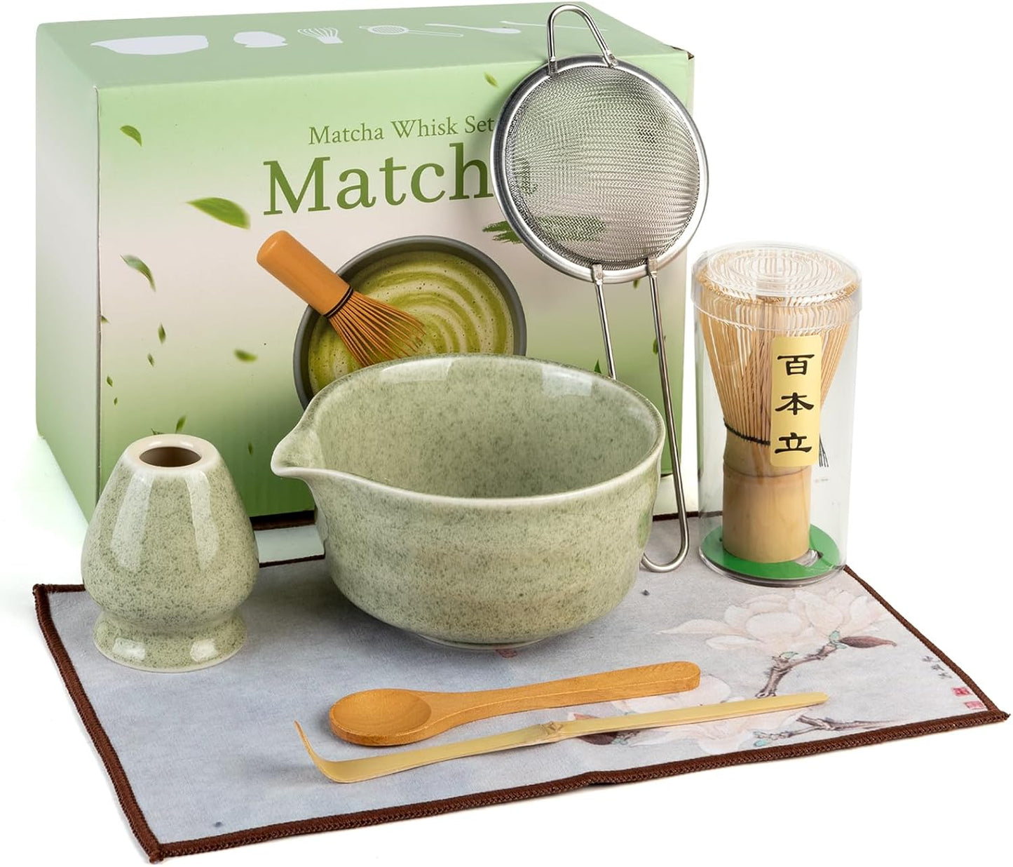 Matcha Whisk Set - Ceramic Matcha Set Includes Matcha Bowl, Whisk and Holder, Bamboo Scoop, Scoop Rest, Sifter and Tea Towel - 7 Pcs Ceremonial Gift Kit for Matcha Lovers (Green)