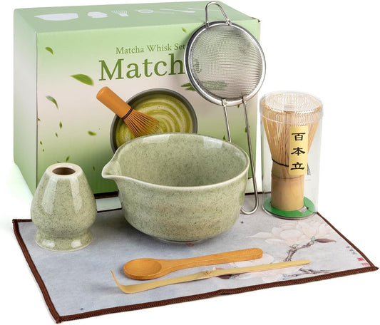 Matcha Whisk Set - Ceramic Matcha Set Includes Matcha Bowl, Whisk and Holder, Bamboo Scoop, Scoop Rest, Sifter and Tea Towel - 7 Pcs Ceremonial Gift Kit for Matcha Lovers (Green)