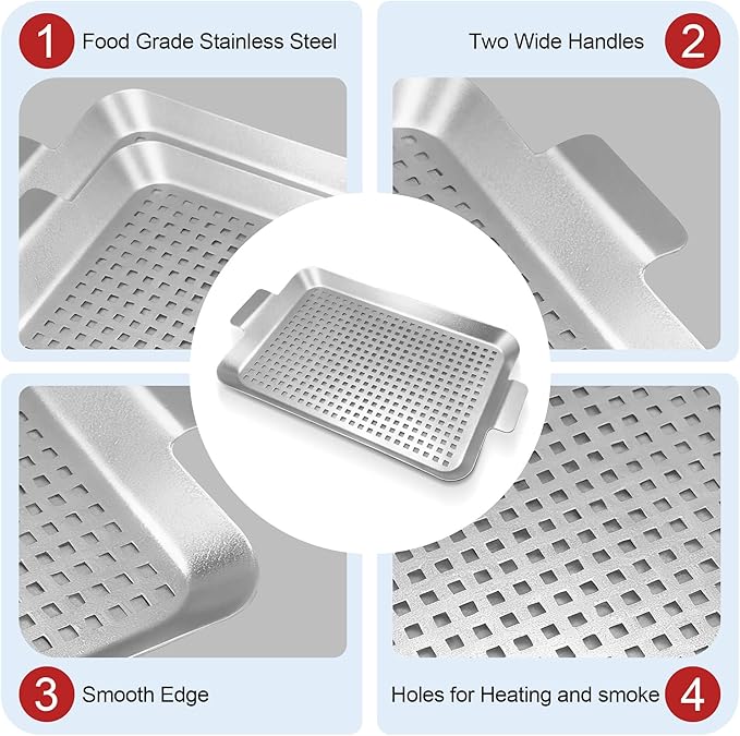 Grill Pan Set of 2, Grill Topper for Outdoor Grill, Stainless Steel Roasting Basket with Handles, Perforated Grill Tray for Smoker Roasting, Oven, BBQ Accessories (Small+Large)