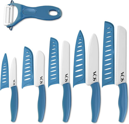Vos Ceramic Knife Set with Peeler – 4", 5", 6", 7", 8" Blue Ceramic Kitchen Knives