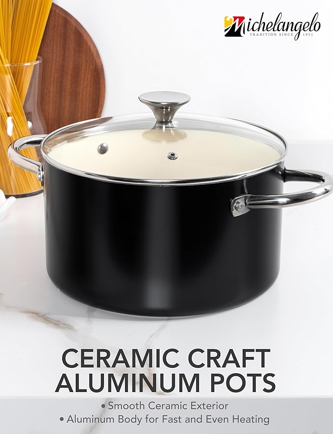 MICHELANGELO Ceramic Stock Pot with Lid, 6 Quart Pot with Nonstick Coating, Induction Cooking Pot for Induction and All Stovetops - 6QT, Black