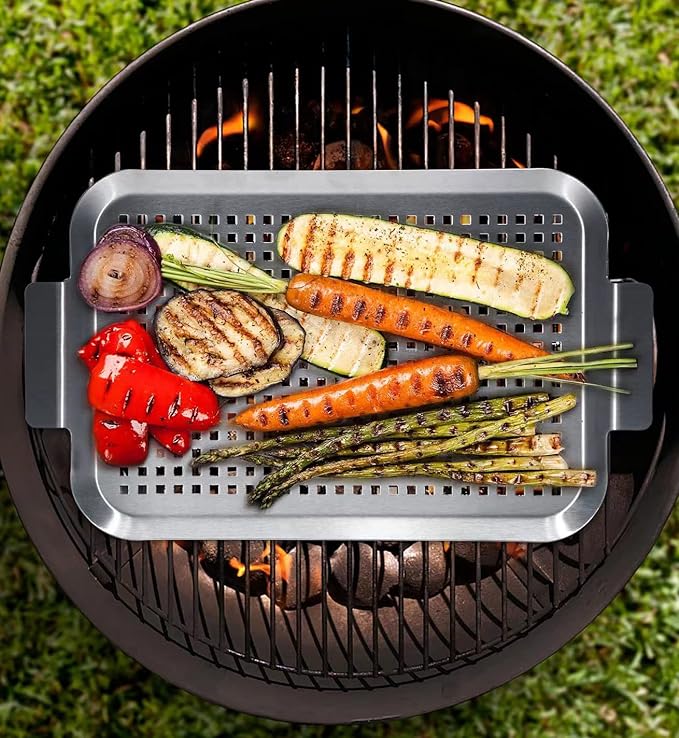 Grill Pan Set of 2, BBQ Grill Topper for Outdoor Grill, Stainless Steel Grilling Baskets with Holes and Handles, Perforated Food Tray Barbecue Accessories for Vegetable, Fish, Meat, Seafood