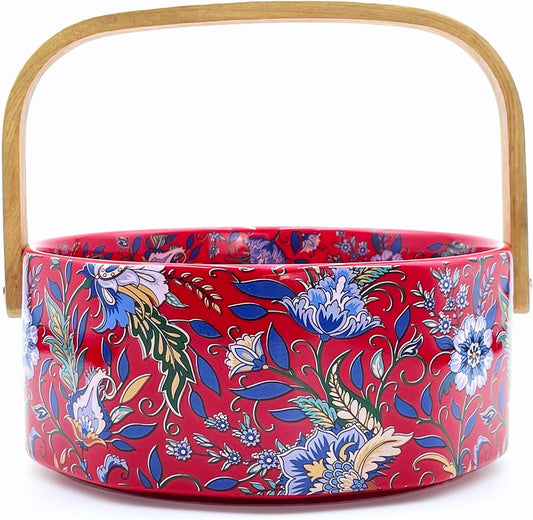 6" Elegant Iris Ceramic Fruit Basket with Detachable Wooden Handle,Candy Dish,Decorative Bowl,Kitchen & Dining Table Office Decor(Red)