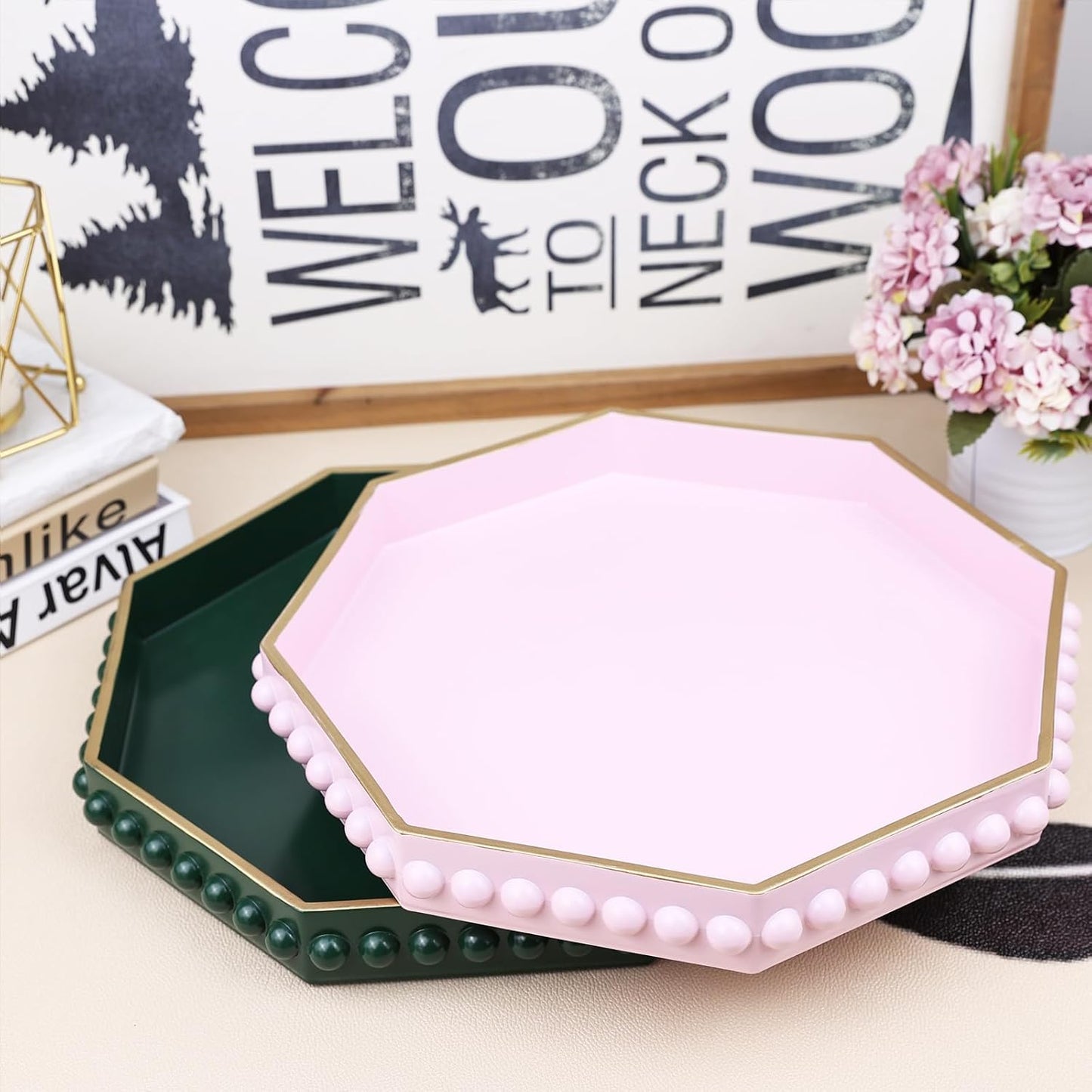 Pink Serving Tray for Coffee Table, Octagonal Beaded Plastic Decorative Tray for Ottoman, Kitchen Counter, Living Room, Outdoor Lacquer Tray for Entertaining