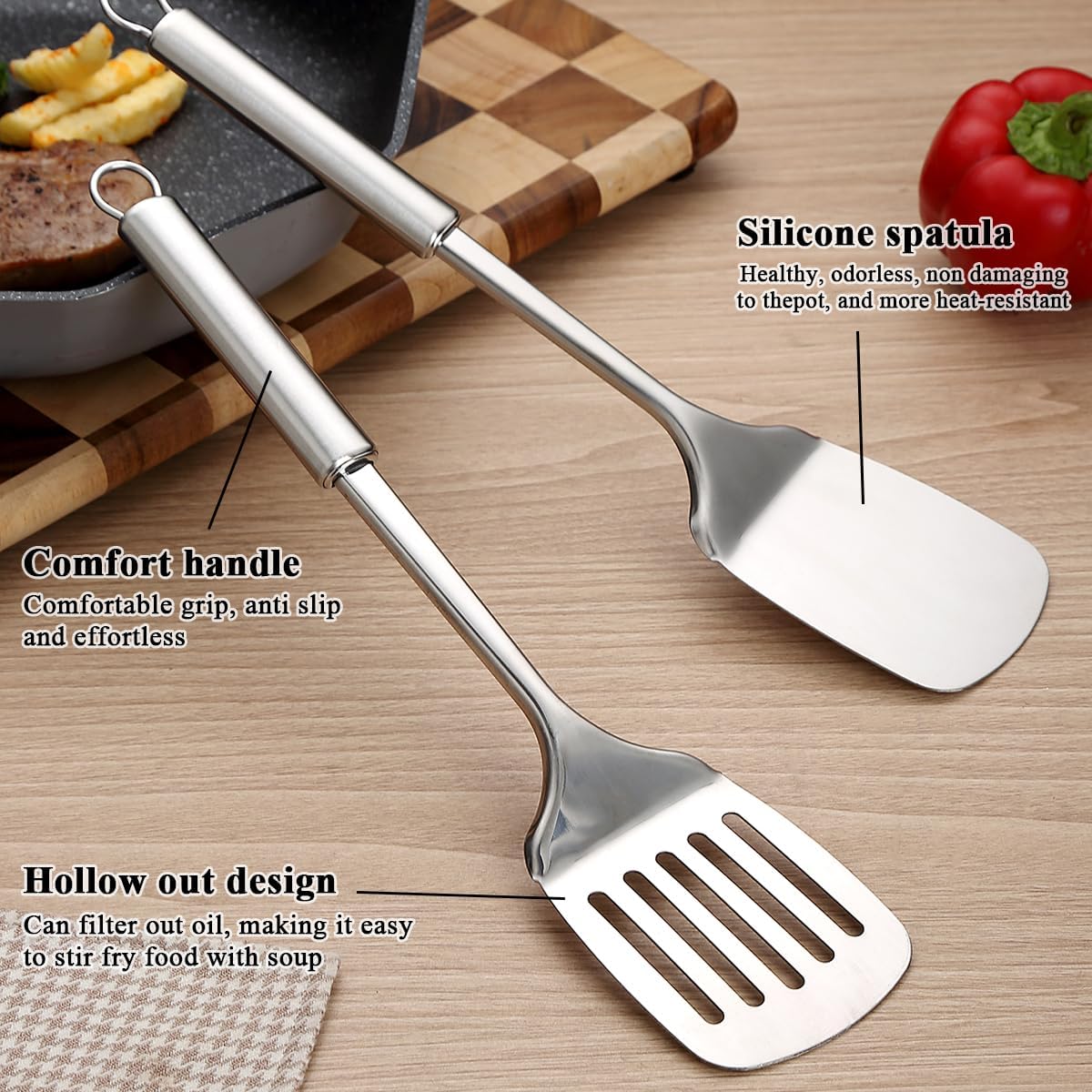 Stainless Steel Cooking Utensils Set 6 Pieces, Kitchen Tools Set Include Metal Spatula Set, Skimmer, Ladle, Tong, Whisk, Kitchen Gadgets Essentials New Home Must Have