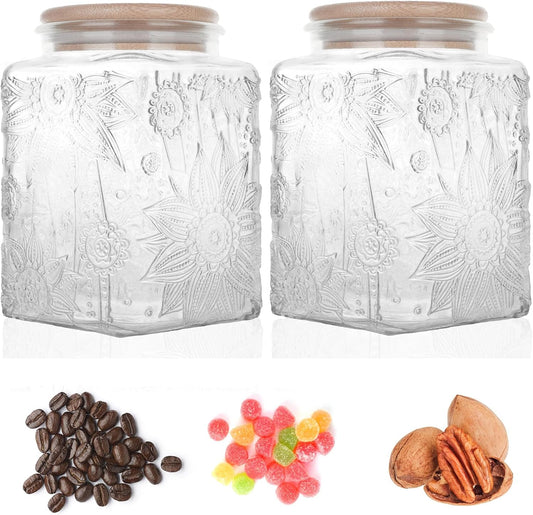 Glass Storage Jars With Airtight Lid, 23.7oz Canister For Kitchen Counter with Bamboo Lid, brown sugar, candy, coffee, cookie, salt, tea,pantry cute Jar (Square Sunflower)