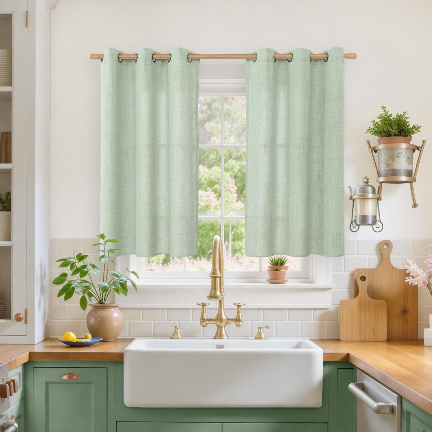 YoungsTex Sage Green Linen Curtains 45 Inches Length for Kitchen Window, Textured Semi Sheer Drapes with Bronze Grommet Light Filtering for Bathroom Cafe Bedroom, 42 x 45 Inch, 2 Panels
