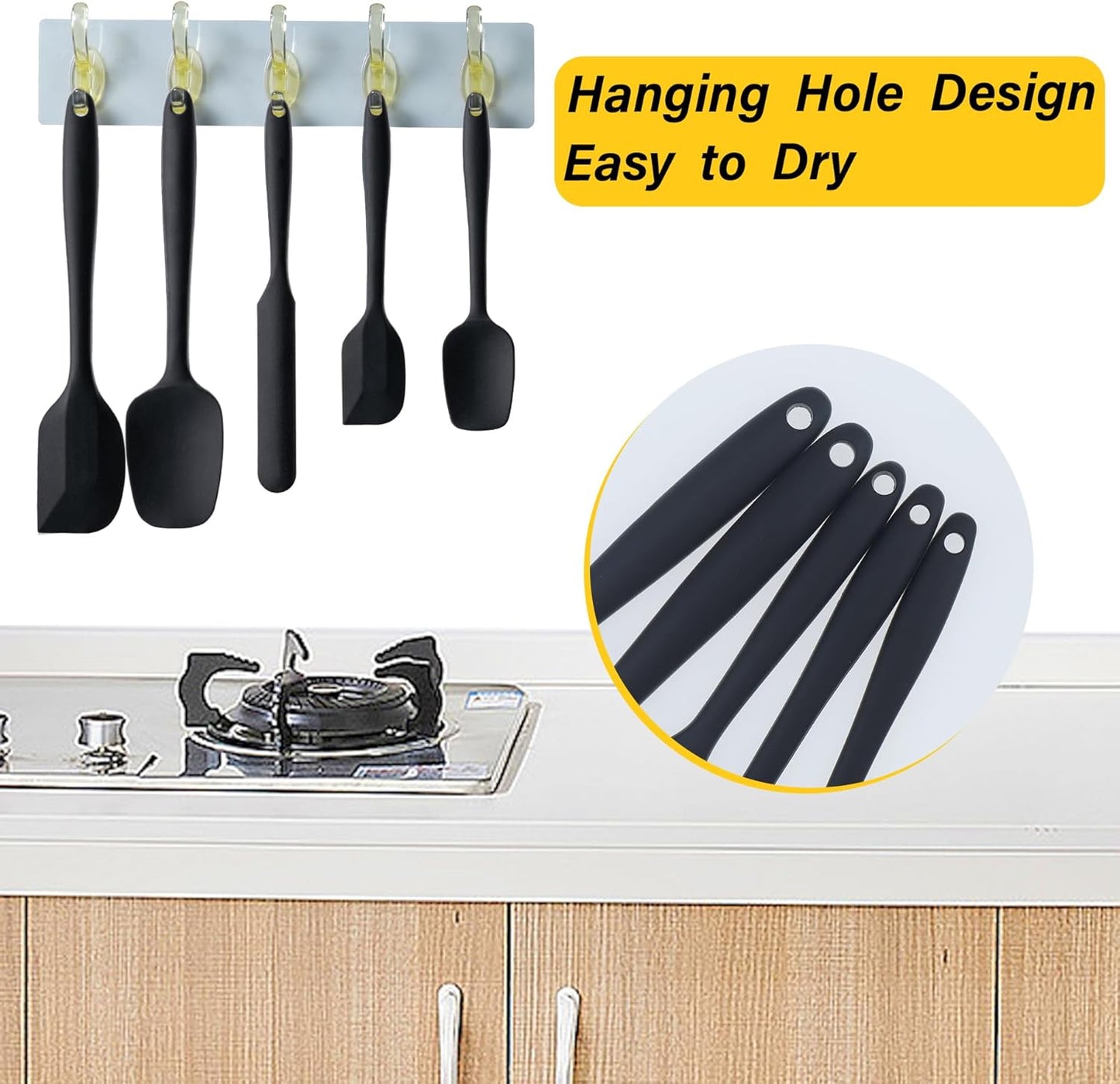 Silicone Spatula Set, 5 Piece Food Grade Rubber Spatulas for Baking, Cooking, and Mixing High Heat Resistant Non Stick Dishwasher Safe BPA-Free (Black)