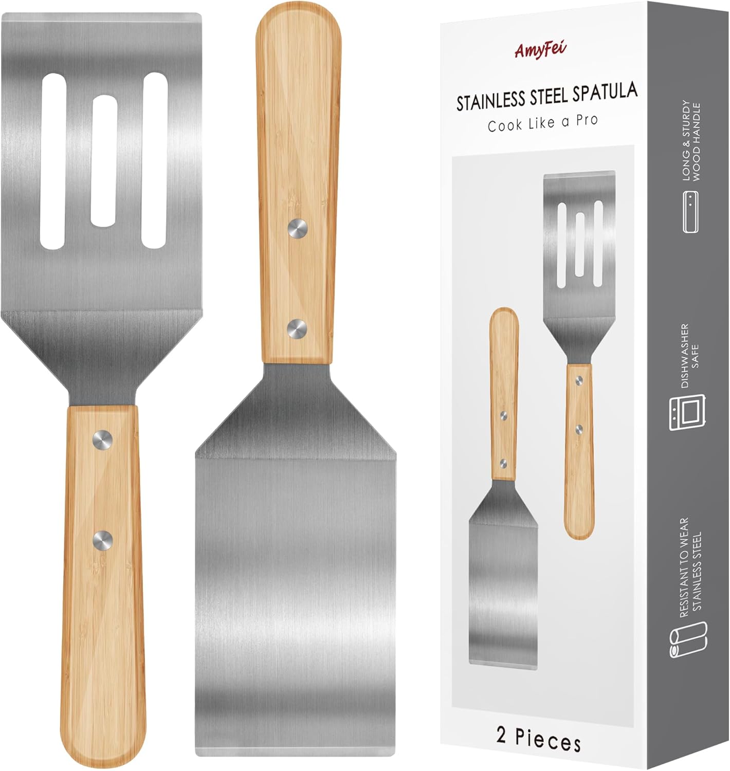 2 Pieces Stainless Steel Spatula Set,Metal Spatula for Cast Iron Skillet,Metal Spatula for Cooking with Wooden Handle,Metal Spatulas for kitchen use for Pancakes,Frying steak,Burger and Desserts