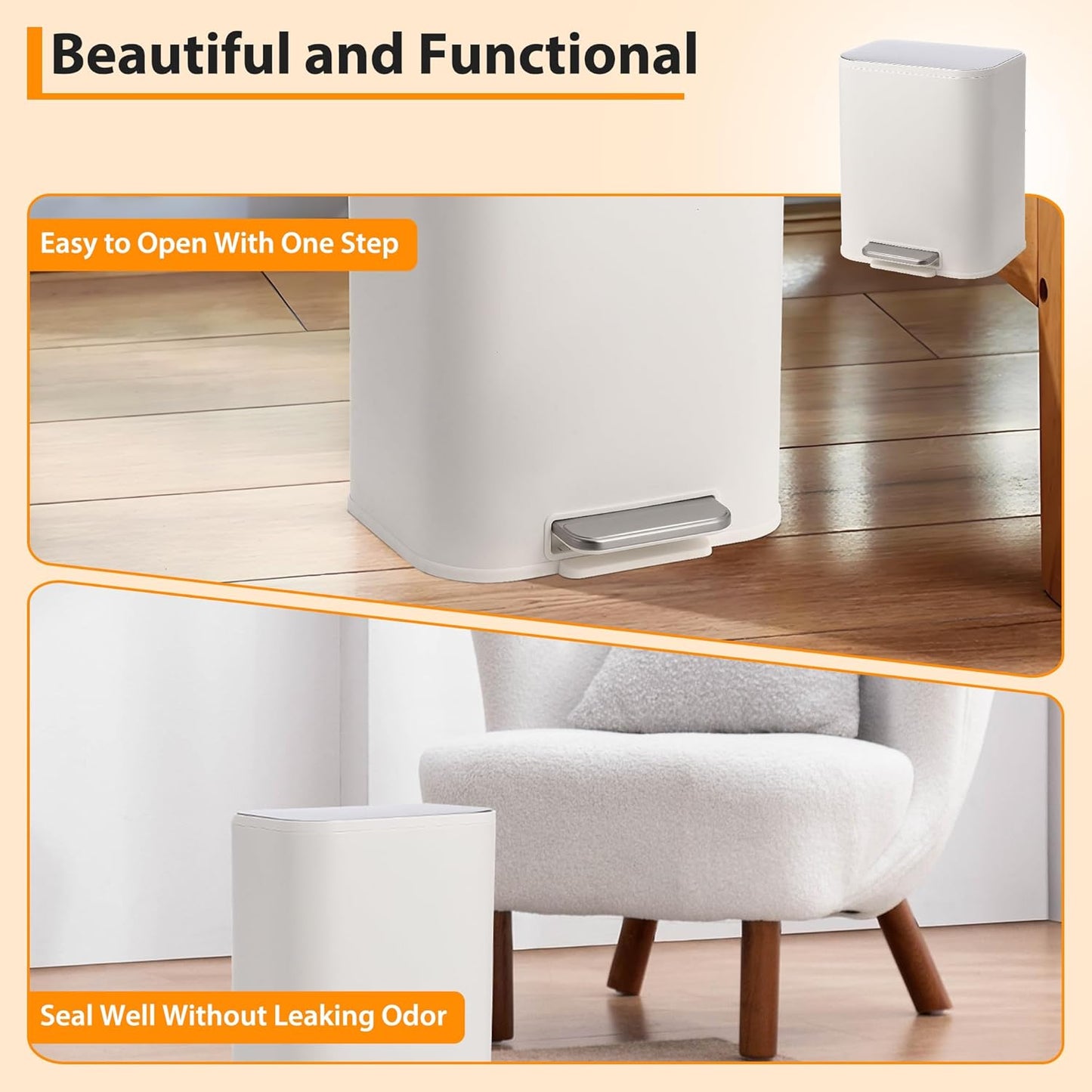 Bathroom Trash Can with Lid, 3.2 Gallon Stainless Steel Garbage Can with Step-On Pedal and Inner Bucket, Rectangular Trash Can for Kitchen Office Living Room Small Spaces (12 L, White)