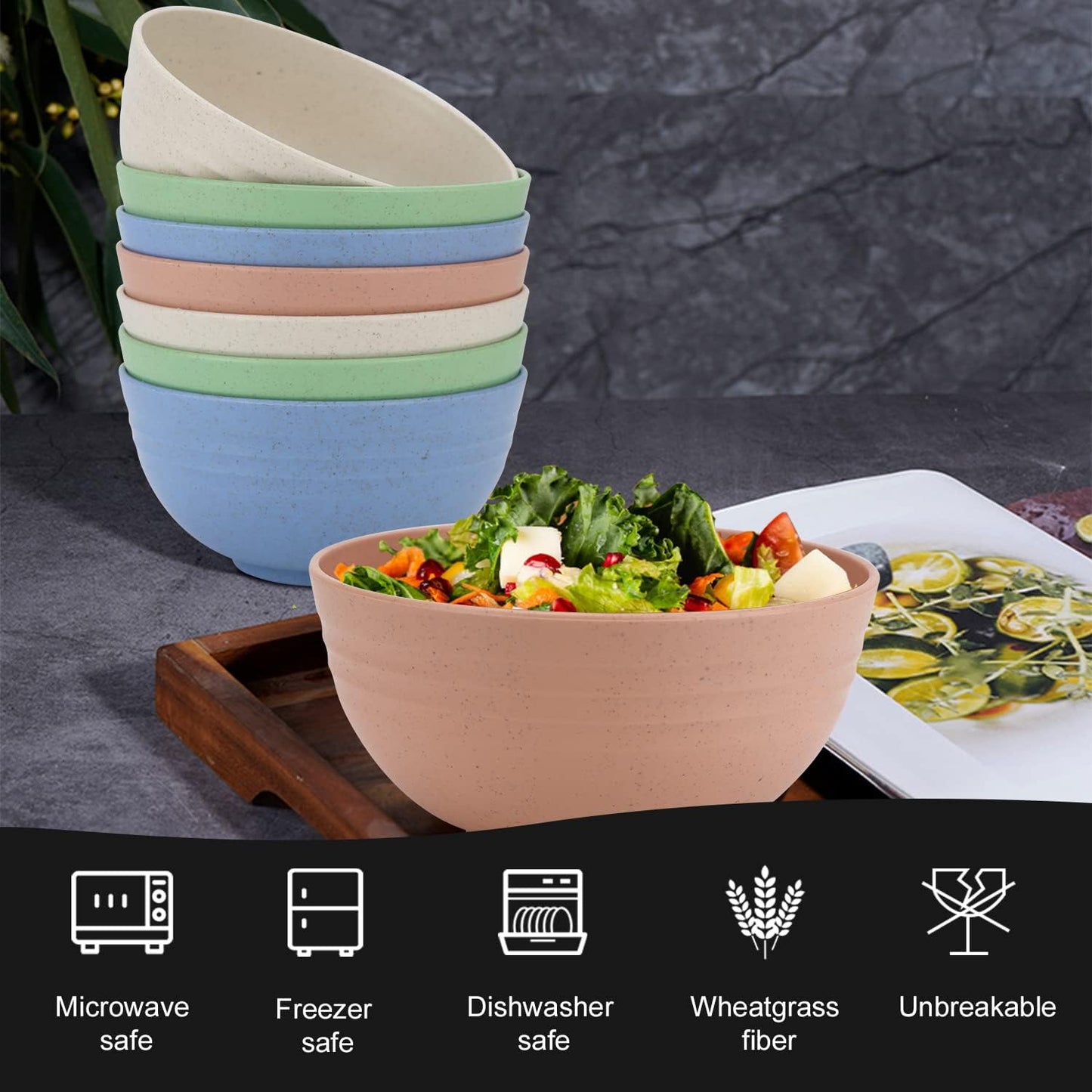 Homienly Wheat Straw Bowl Sets, Unbreakable Cereal Bowls 26 OZ, 8 PCS Microwave and Dishwasher Safe Bowl, Bowls for Kitchen, Camping, Picnic, Premium Salad Bowl for Serving, Oatmeal(Light, 26 OZ)