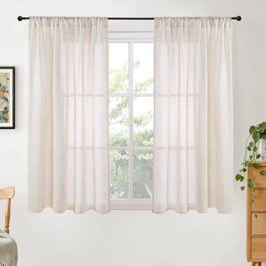 BGment Linen Oatmeal Curtains 45 Inch Length for Short Window - Rod Pocket Textured Drapes Light Filtering Sheer for Bedroom Living Room Lightweight Natural Rustic, 2 Panels Set, 42 X 45 Inch