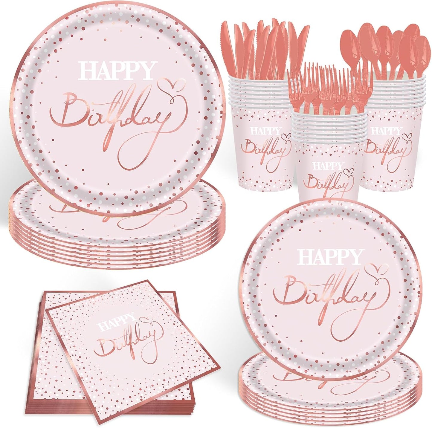 140 Pcs Pink Rose Gold Birthday Decorations for Women Golden Dot Paper Plates Napkins Cups for Baby Shower Decorations Serves 20