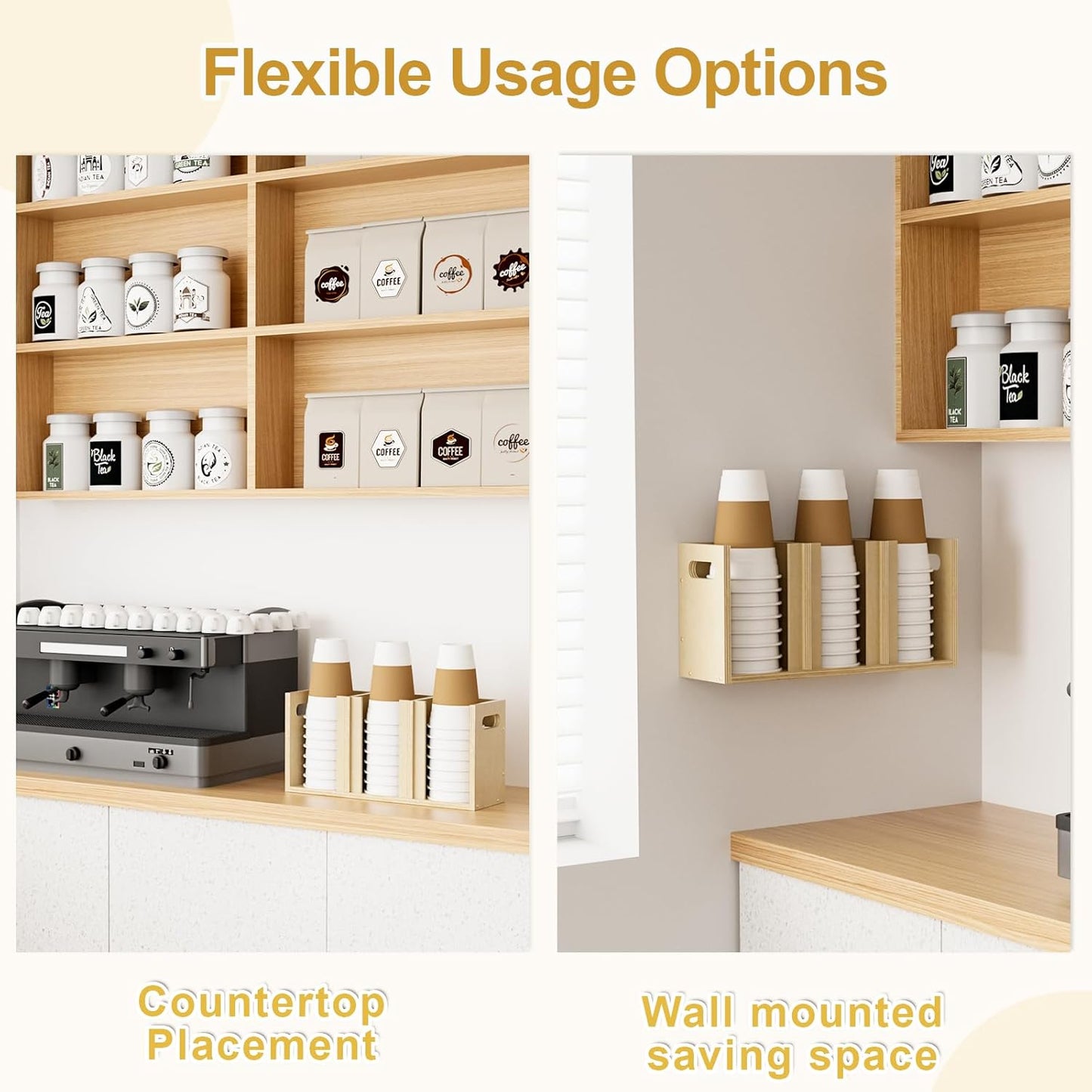 Wood Cup Lid Organizer 3 Compartments with Adjustable Dividers for Counter Wall Mount Disposable Cup and Lid Storage Kitchen Restaurants Fast Food Coffee Shop Supplies (15”W x 7”H x 4.7”D)