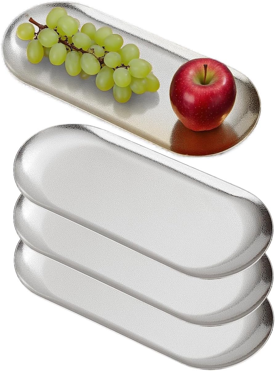 10X4 inch ellipse Appetizer Plates,thick stainless steel Dinner Plates, Pasta Dessert Plates for Sushi, Fruit oven/Dishwasher Safe, Set of 4,silver