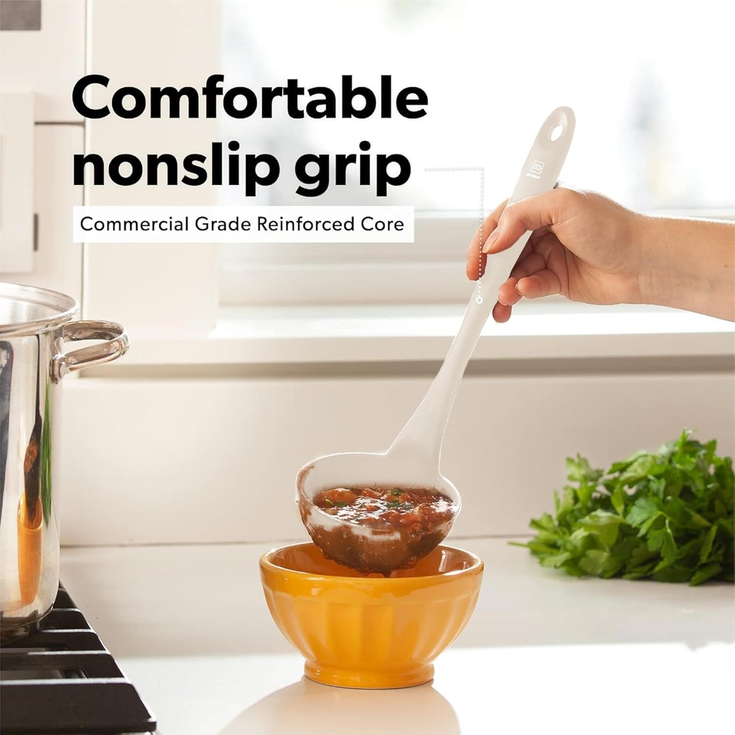 DI ORO Silicone Ladle & Spoons for Cooking – Large Kitchen Spoons for Mixing, Serving, & Stirring - Soup Ladle with Wide Bowl - High Heat Silicone Kitchen Utensils for Nonstick Cookware Safe (Clay)