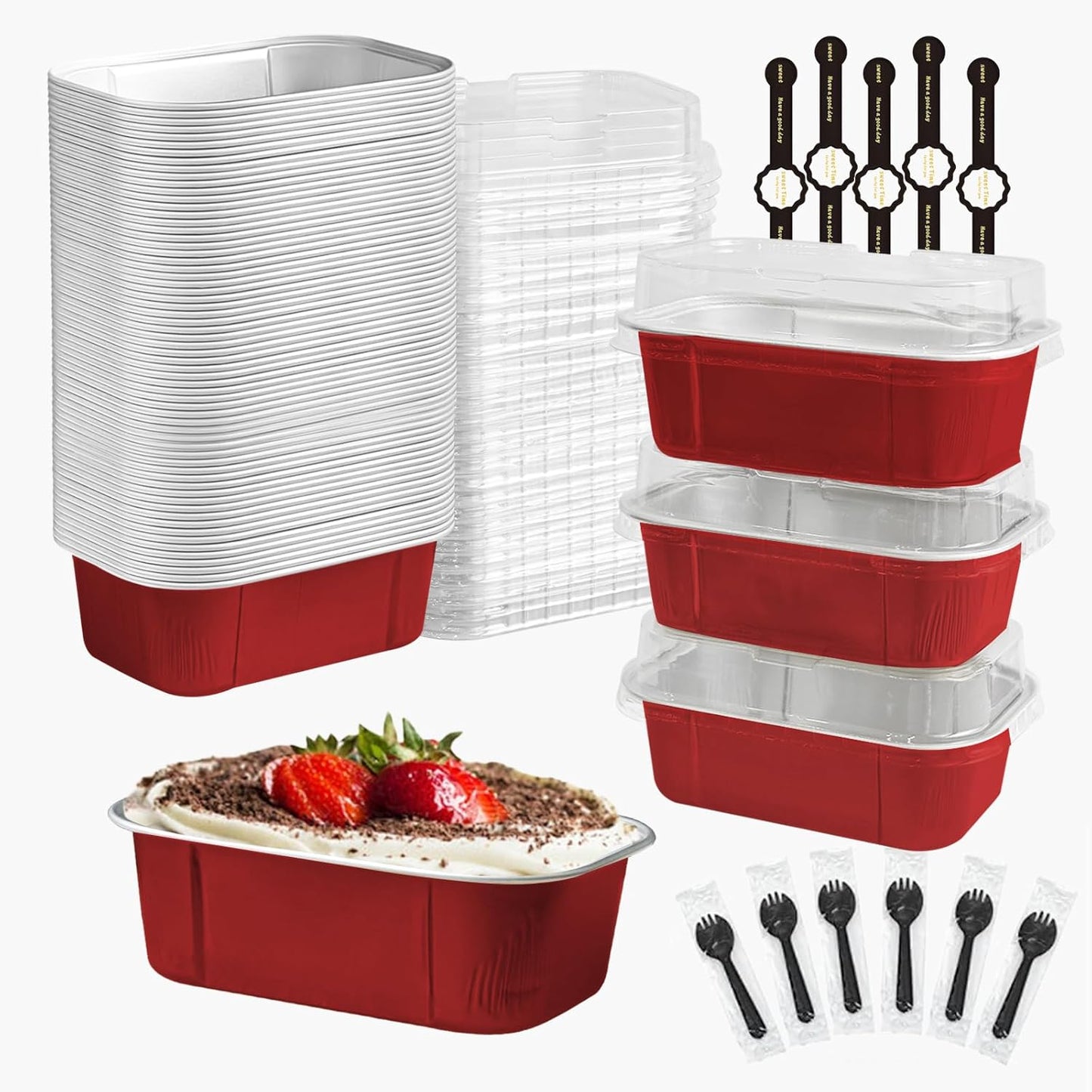 Mini Cake Pans With Lids And Spoons,5.5 oz Rectangle Mini individual Loaf Pans Disposable Aluminum Foil Small Baking Cups Tins (100, Red)