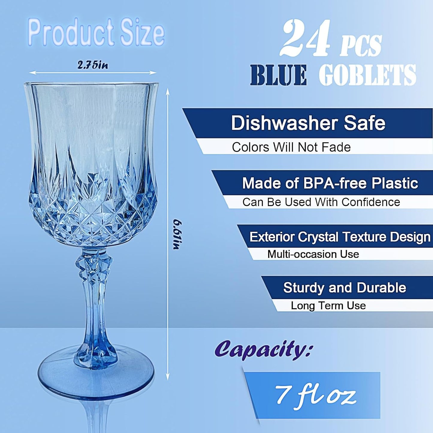 24 PCS Blue Plastic Wine Glasses,Reusable Plastic Wine Glasses,Blue Goblet Glass,Durable and Sturdy Cups Can Be Used for Various Parties Such as Weddings!