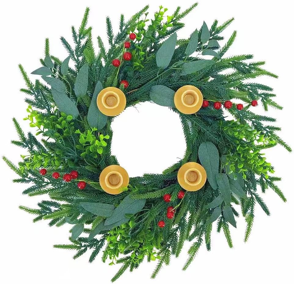 20Inch Christmas Pine Candle Wreath for Front Door, Artificial Advent Candle Holder with Red Berries for Holiday Tabletop Wall Window Porch Candle Decor