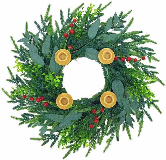 20Inch Christmas Pine Candle Wreath for Front Door, Artificial Advent Candle Holder with Red Berries for Holiday Tabletop Wall Window Porch Candle Decor