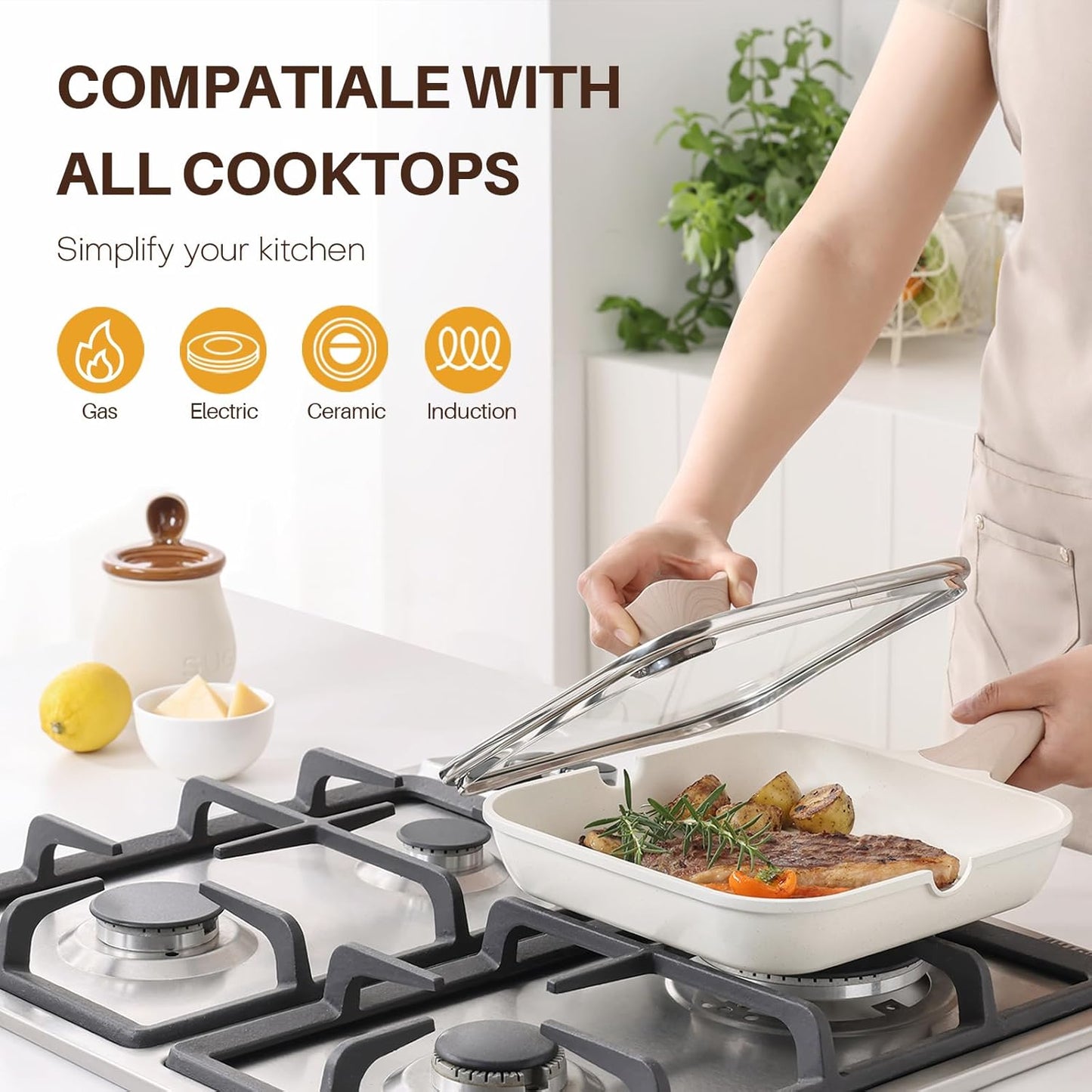 Kordisen Nonstick Grilling Pan with Lid for Stove Tops, 11 Inch Square Grill Pan for Indoor Cooking, Healthy Coating Grill Skillet with Pour Spouts, Versatile Griddle, Induction Steak Pan, White