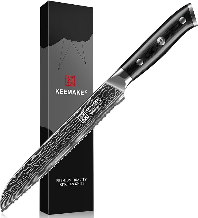 KEEMAKE Serrated Bread Knife, 8 Inch Japanese Damascus Kitchen Knife Wave Edge with G10 Ergonomic Handle, Cake Cutter Bread Slicing Knife for Sourdough Loaf Ciabatta