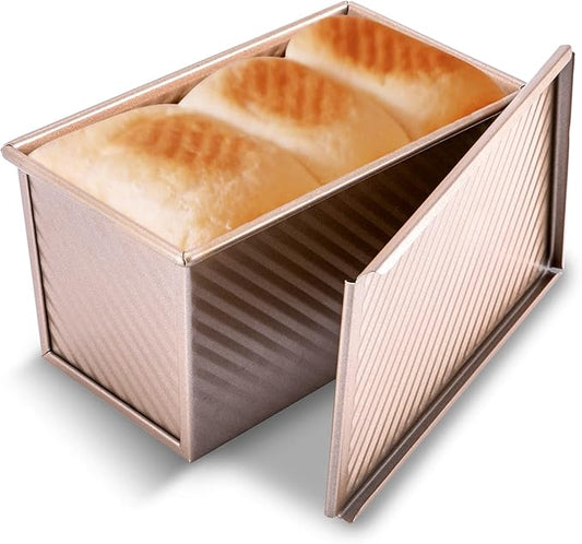 KITESSENSU Pullman Loaf Pan with Lid, 1 lb Dough Capacity Non-Stick Bakeware for Baking Bread, Carbon Steel Corrugated Bread Toast Box Mold with Cover for Baking Bread, Gold
