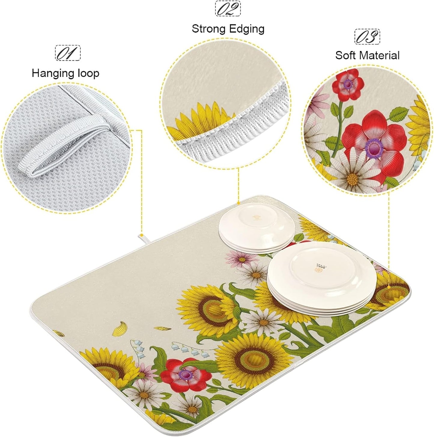 Dish Drying Mat for Kitchen Counter 18 x 24 Inch Decorative Flowers Sunflowers Super Absorbent Microfiber Dish Drainer Rack Mats Soft Heat Resistant Drying Protector Pad