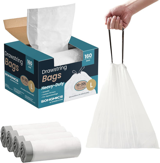 SONGMICS Trash Bags for 5.3 Gallon (20 L) Trash Cans, Drawstring Kitchen Garbage Bags, Pre-Separated, Quick-Dispense Box, Liner Code L, 4 Rolls, 160 Count, White UKRB021A04
