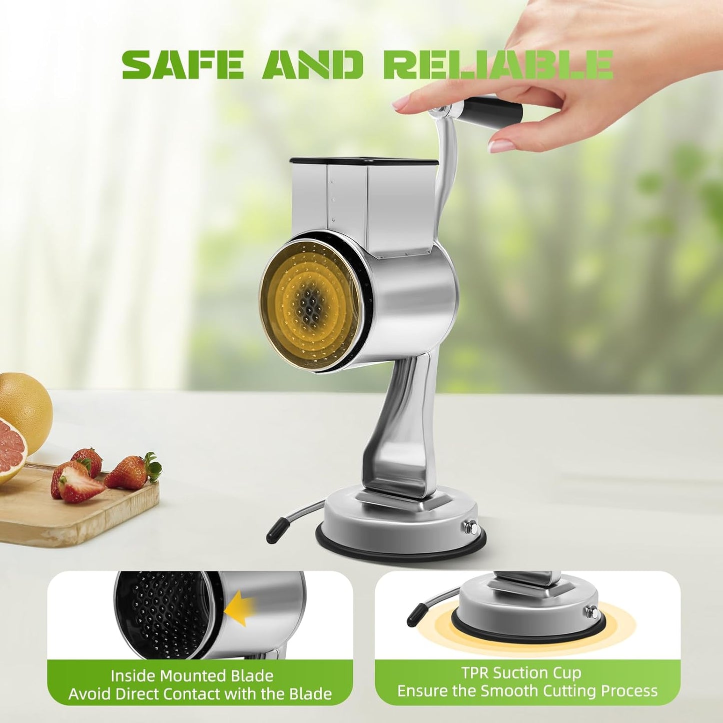 5-in-1 Rotary Cheese Grater & Vegetable Slicer with 5 Interchangeable Blades, Stainless Steel - Rotary Grater Slicer for Fruit, Vegetables, Nuts and More