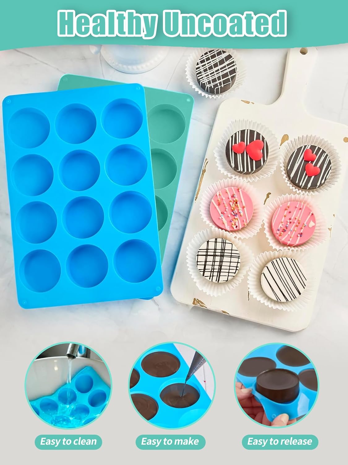 2 Pcs Oreo Chocolate Cookie Silicone Molds, 12-Cavity Round Silicone Mold, Baking Mold for Oreo, Chocolate, Cookie, Candy, Mini Cake, Jelly, MuffinCakes