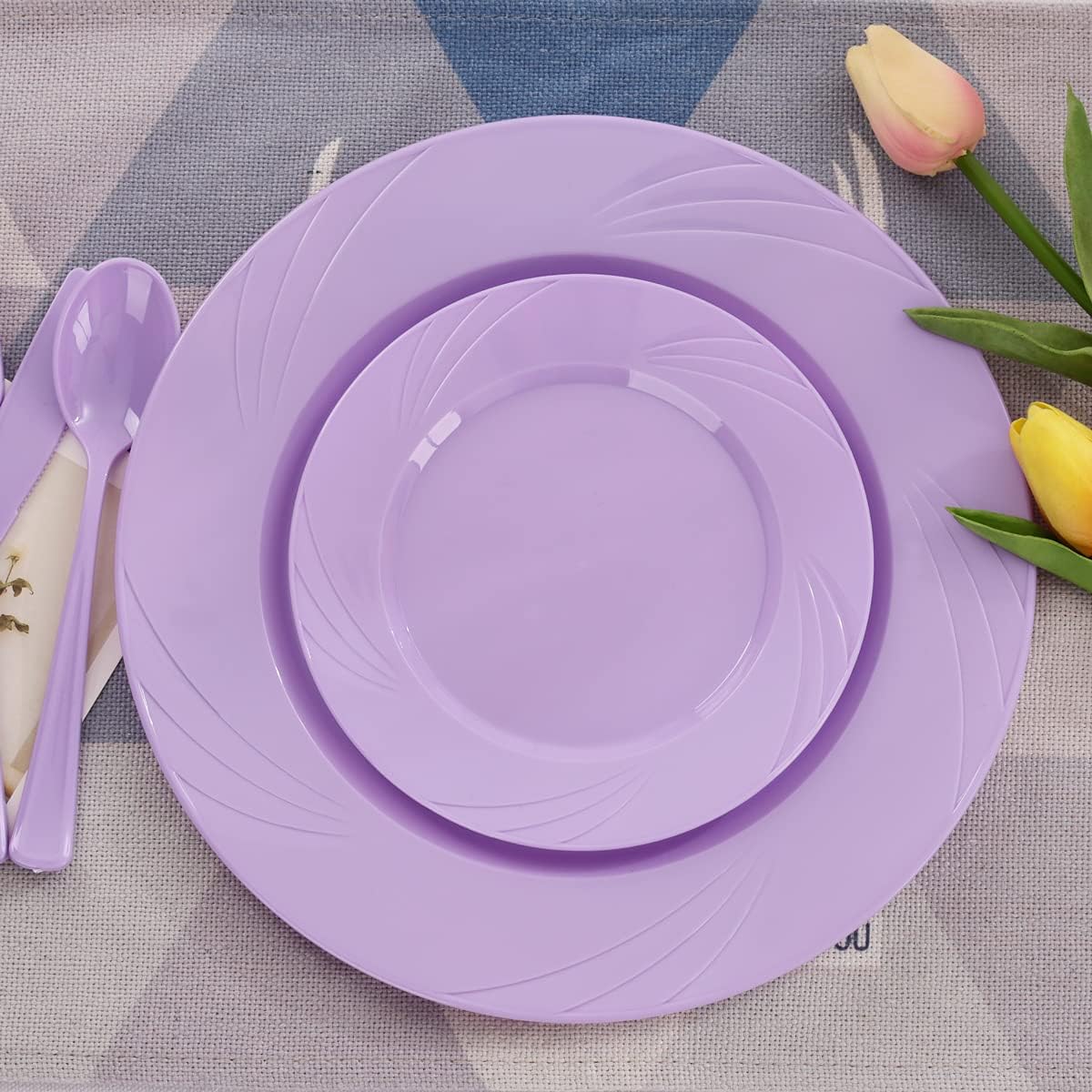 YOUBET 125PCS Purple Plastic Plates - Lavender Plate - Purple Plastic Silverware - Include 50 Dinner & Dessert Plates 25 Forks 25 Knives 25 Spoons for Wedding Birthday Parties