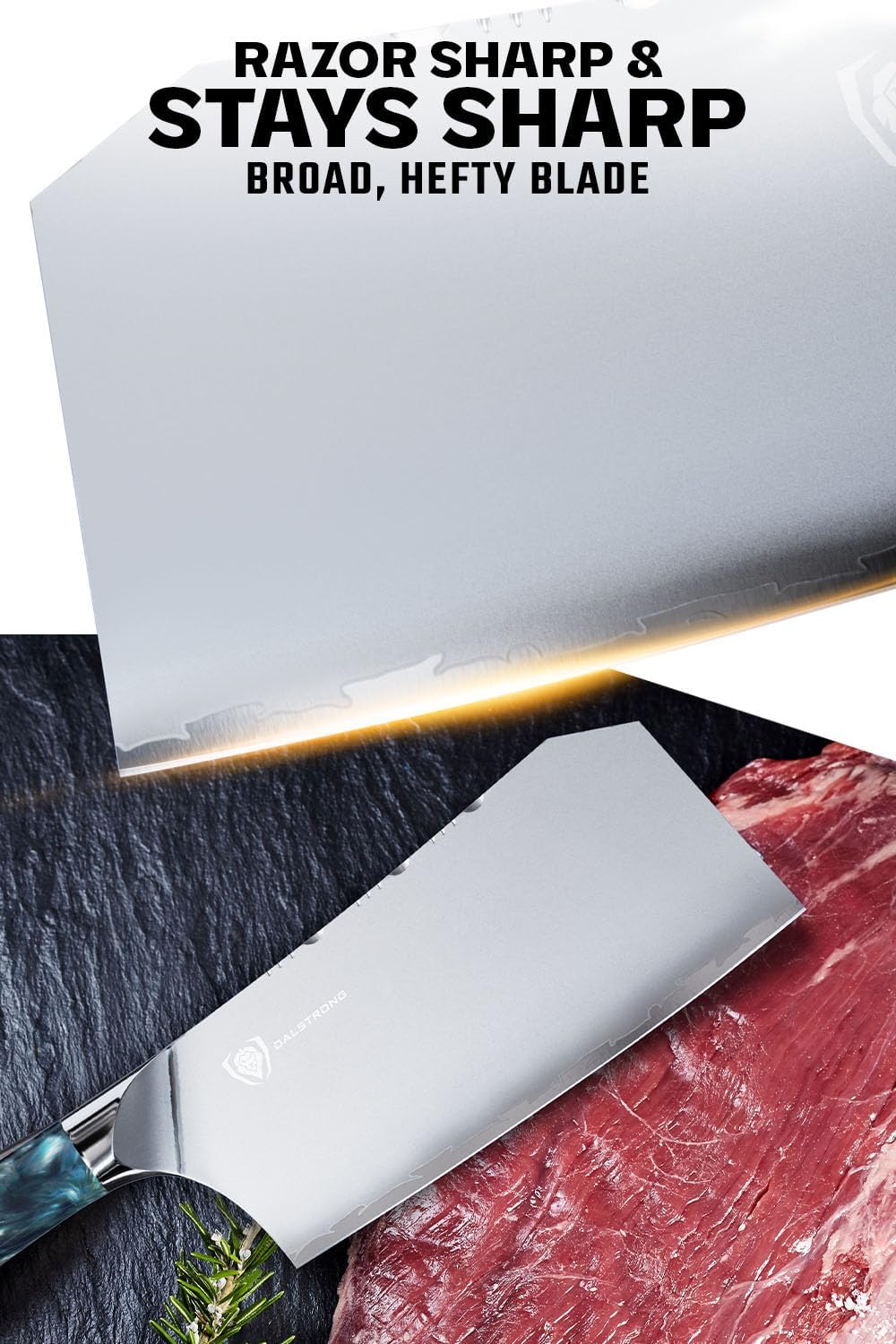 Dalstrong Valhalla Series 7 Inch HC Steel Meat Cleaver - Razor Sharp Knife - Celestial Resin & Wood Handle - Heavy Duty Slicer - Leather Sheath