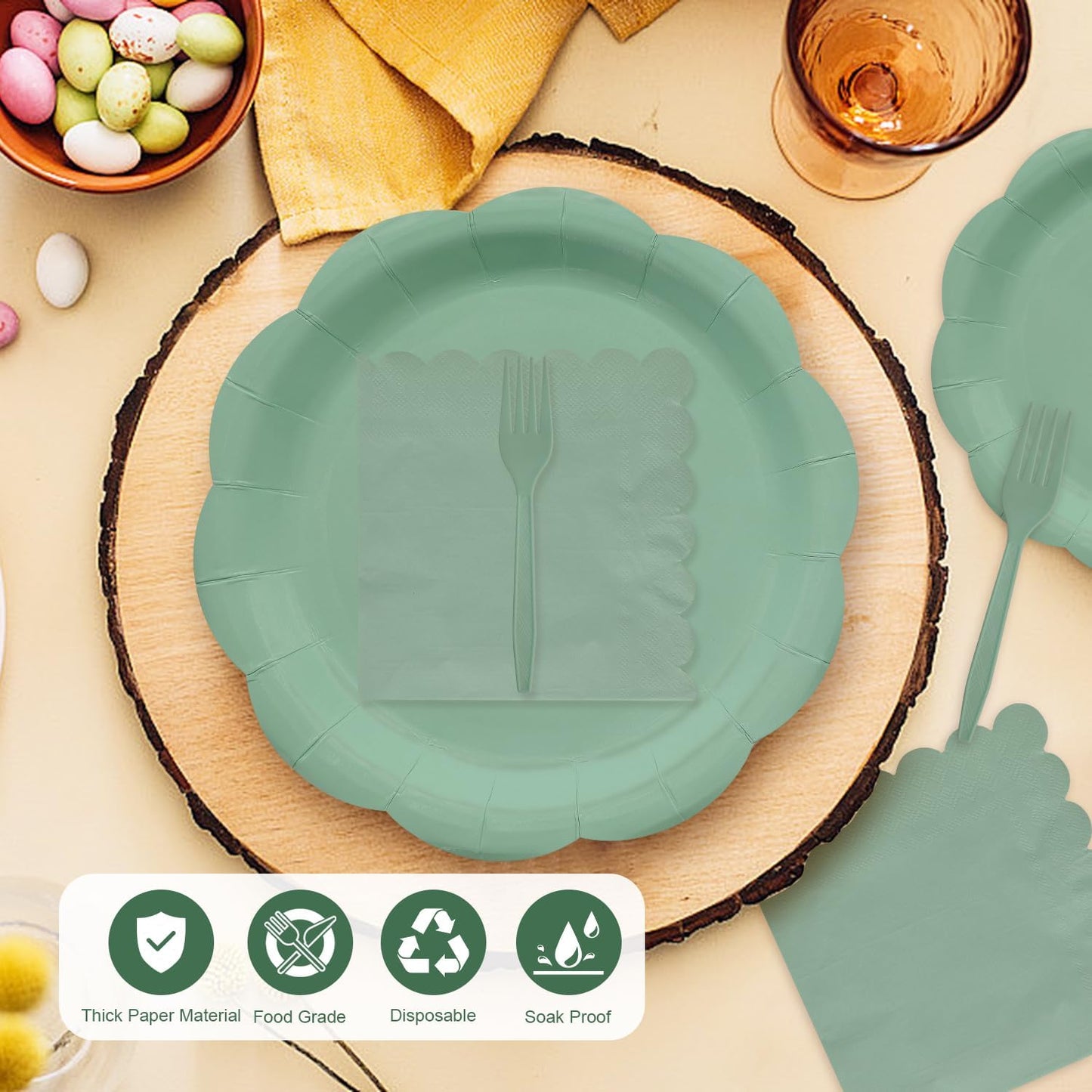 96 Pieces Sage Green Scalloped Tableware Set Party Supplies – Solid Color Disposable Dinnerware with Paper Plates, Napkins, and Forks for Birthday Parties, Garden Events, Baby Showers – Serves 24