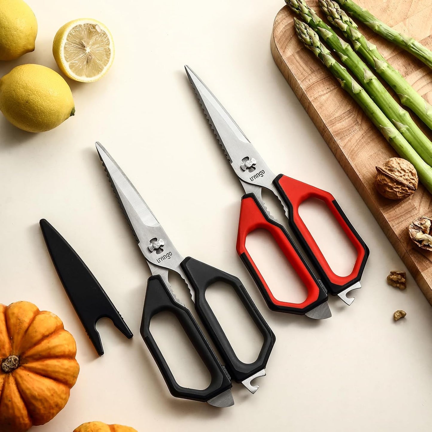 LIVINGO Kitchen Scissors Set All Purpose - Heavy Duty Stainless Steel Come Apart Food Shears for Cutting Meat, Vegetables, Dishwasher safe, 2 Pack, Red Black Multi-Function Handles