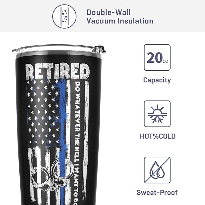 Retired Police Officer Tumbler - The Legend Has Retired American Flag Blue Line Retirement Gift for Men Dad - Stainless Steel Travel Mug 20oz