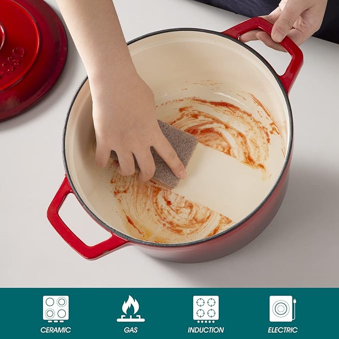 vancasso 6 QT Enameled Cast Iron Dutch Oven with Lid, Dual Handles for Bread Baking, Heavy-duty Round Dutch Oven, Non Stick Coating, All Heat Source, Red