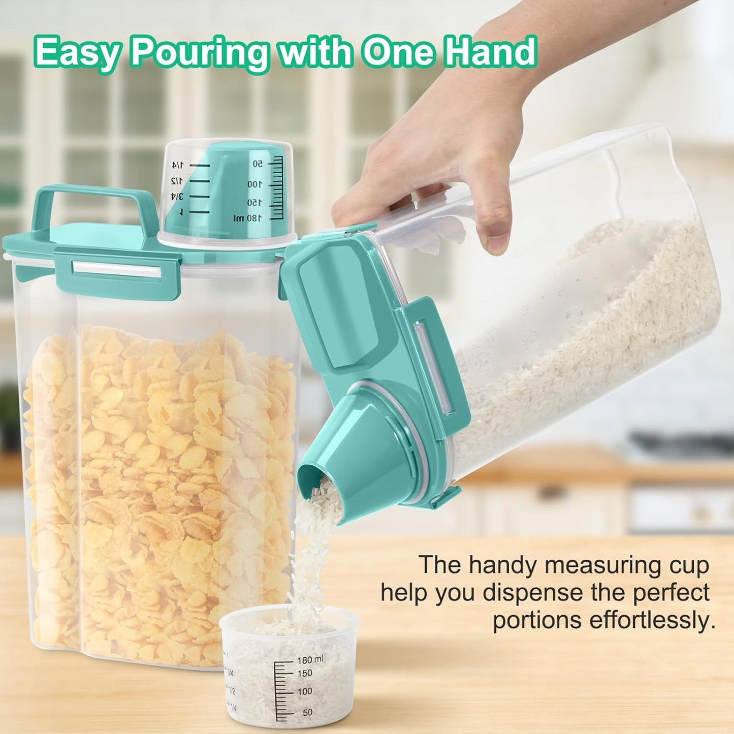 TBMax Rice Storage Container 3 to 5 Lbs - Small Pet Dog Cat Food Container Dispenser with Easy Pouring Spout & Cup, Portable Cereal Container for Small Spaces, Travel, or Daily Use -Cyan