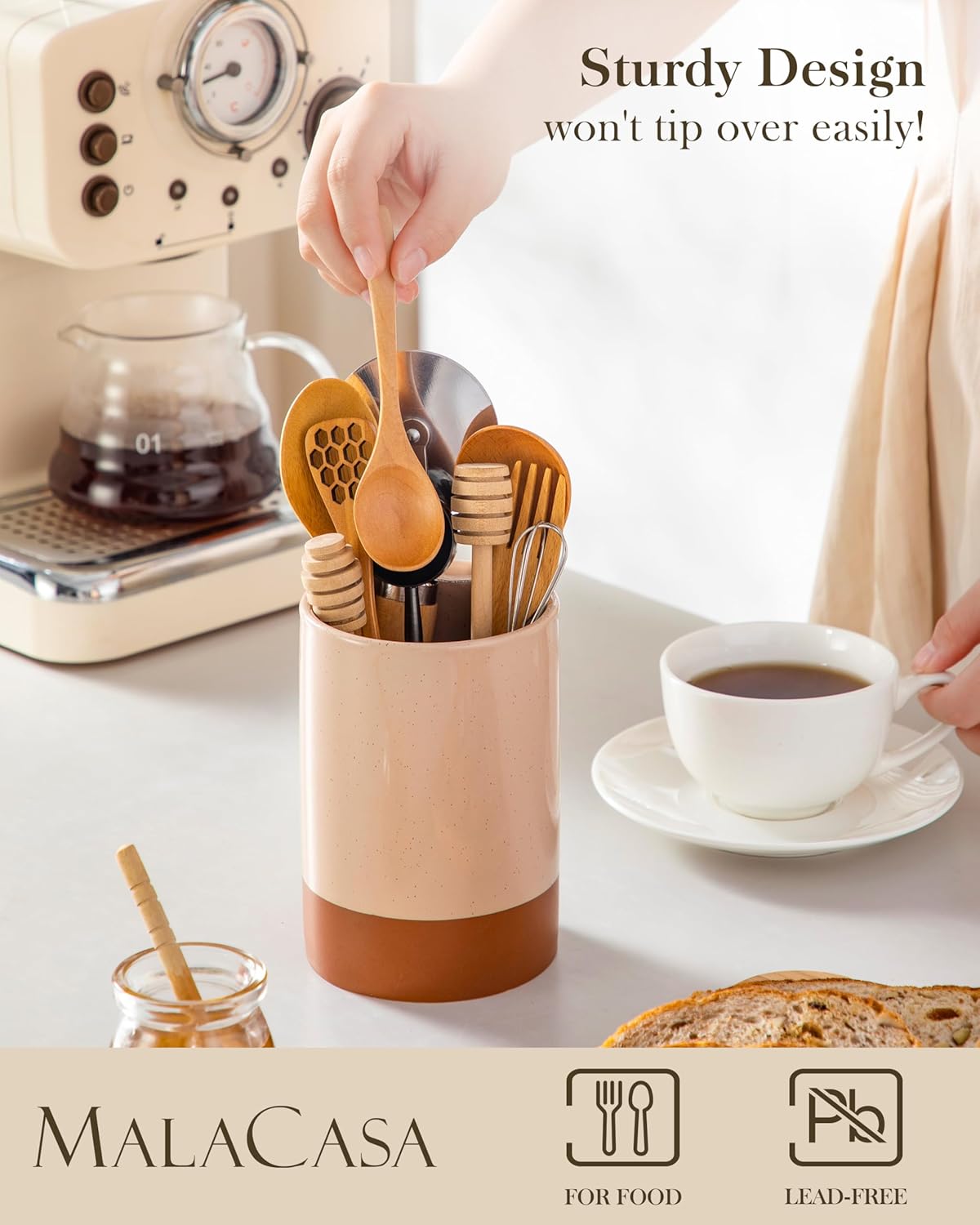 MALACASA Utensil Holder, 5.5" Ceramic Kitchen Utensil Holder for Countertop, Cooking Utensil Crock for Kitchen Counter, Farmhouse Utensil Organizer for Spatula & Spoon, Khaki Pink, Series TARA