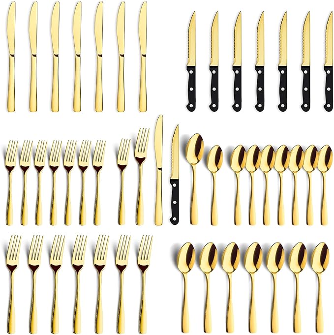 BEWOS 48-Pieces Gold Silverware Set for 8 - Stainless Steel Flatware Set with Mirror Polish, Silverware Sets Including Steak Knives, Forks and Spoons, Dishwasher Safe for Restaurant