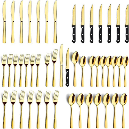 BEWOS 48-Pieces Gold Silverware Set for 8 - Stainless Steel Flatware Set with Mirror Polish, Silverware Sets Including Steak Knives, Forks and Spoons, Dishwasher Safe for Restaurant