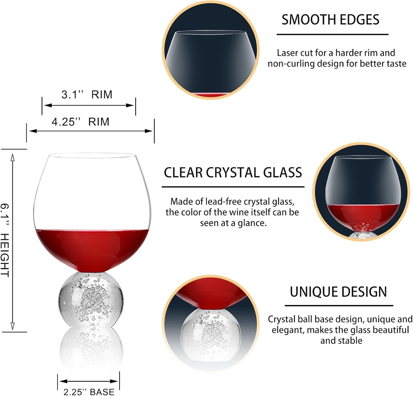1Pack 20oz Stemless Wine Glasses with Crystal Bubble Ball Base, Premium Lead-free Juice Glass, Red & White Wine Glasses for Daily Use, Party, Home Bar, Wedding, Shower, Birthday, Christmas Gift