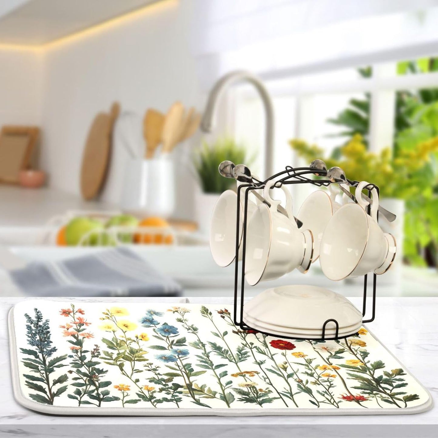 Vintage Plants and Colorful Flowers Dish Drying Mat for Kitchen Counter Super Absorbent Dishes Pad Reversible Microfiber Protector Dish Draining Mats 18x24 inch