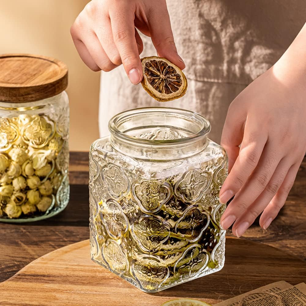 25.3 FL OZ Square Glass Jar, Glass Storage Canister with Airtight Lid, Glass Food Storage Containers for Candy, Coffee, Tea, Canning, Cute Jar (Square Begonia)