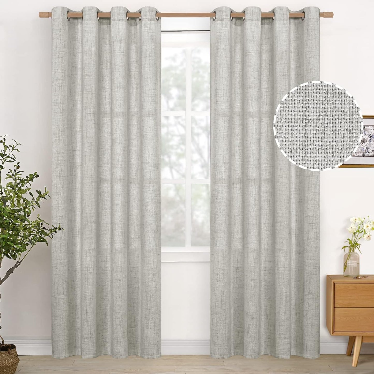 YoungsTex Light Grey Linen Curtains 80 Inches Long for Living Room, Light Filtering Textured Window Drapes with Bronze Grommet Privacy for Bedroom Office Farmhouse, 52 x 80 Inch, 2 Panels