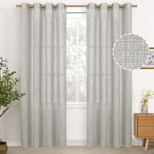 YoungsTex Light Grey Linen Curtains 80 Inches Long for Living Room, Light Filtering Textured Window Drapes with Bronze Grommet Privacy for Bedroom Office Farmhouse, 52 x 80 Inch, 2 Panels